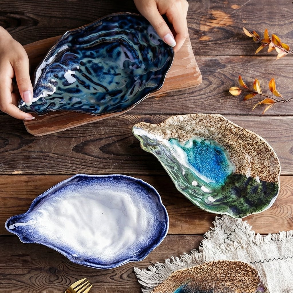 2-Pieces Reactive Glaze Shell Shaped Dessert Plate - Dessert Plate - Navy - Seravelle Home