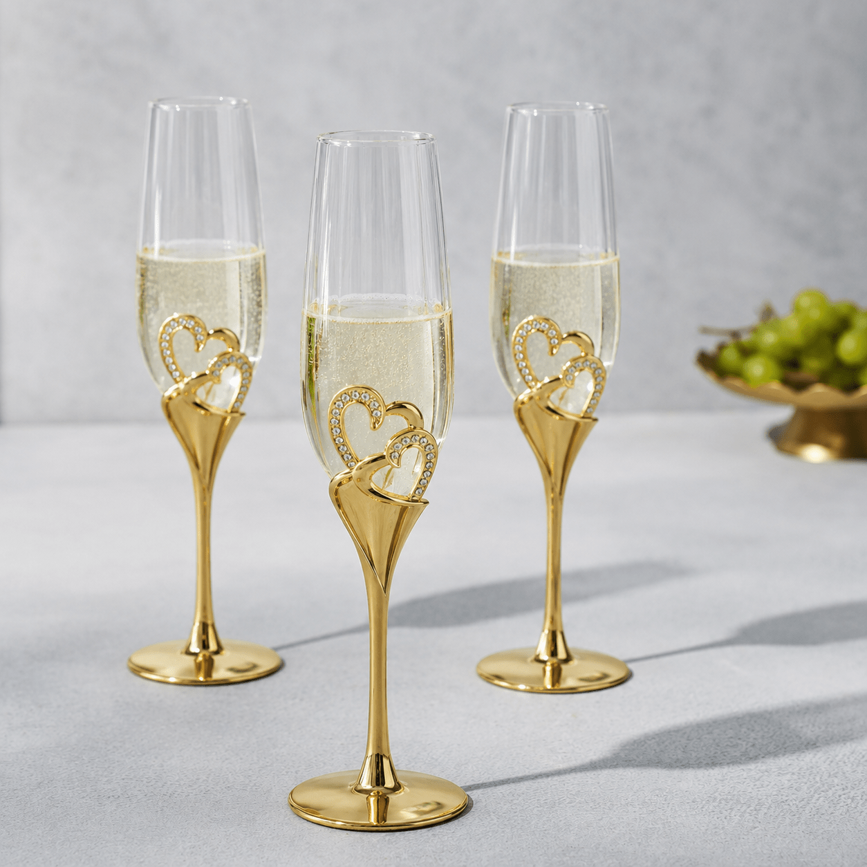 2pcs Champagne Flute with Decorative Double Heart Stem - Champagne Flutes - Gold - Seravelle Home