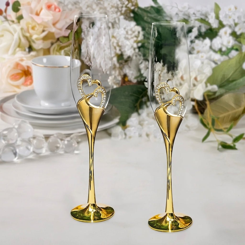 2pcs Champagne Flute with Decorative Double Heart Stem - Champagne Flutes - Gold - Seravelle Home
