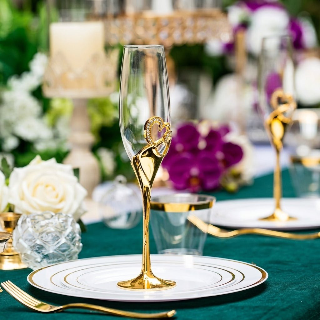 2pcs Champagne Flute with Decorative Double Heart Stem - Champagne Flutes - Gold - Seravelle Home