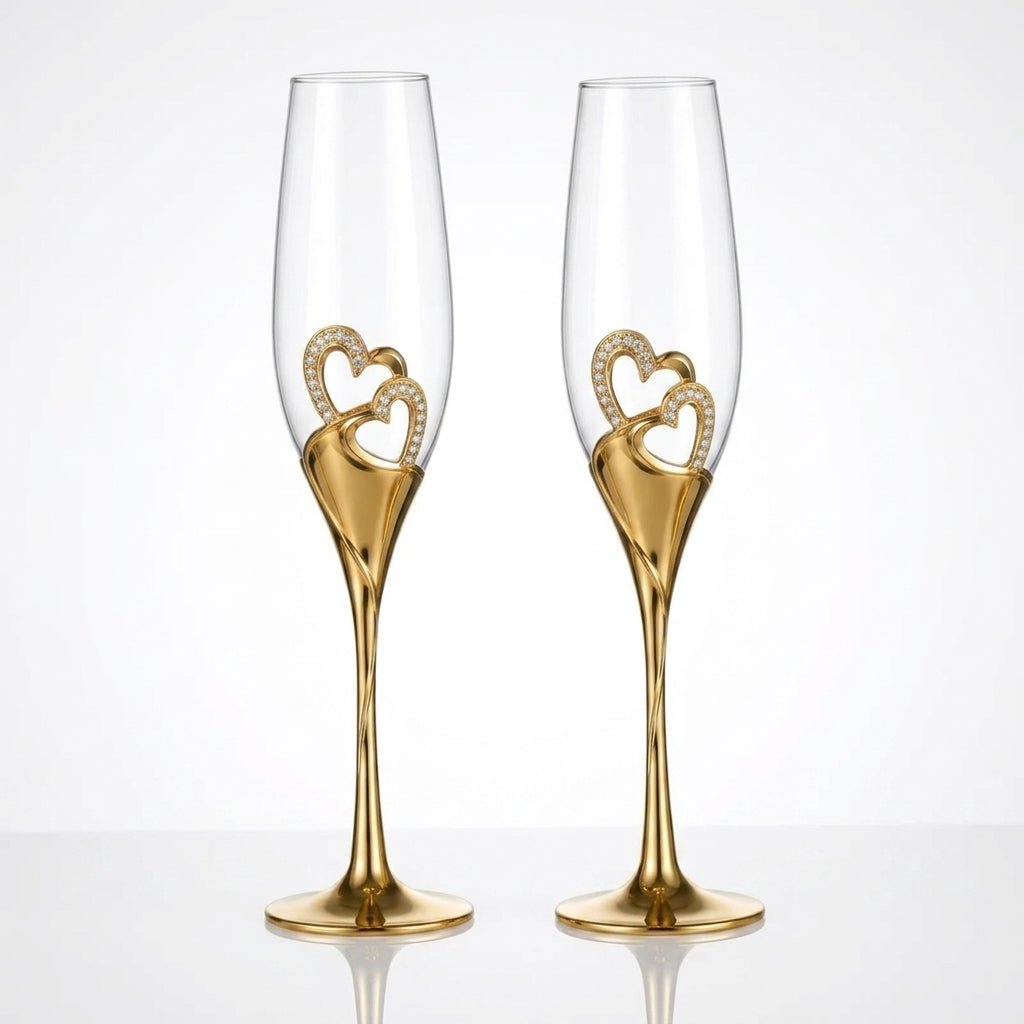 2pcs Champagne Flute with Decorative Double Heart Stem - Champagne Flutes - Gold - Seravelle Home