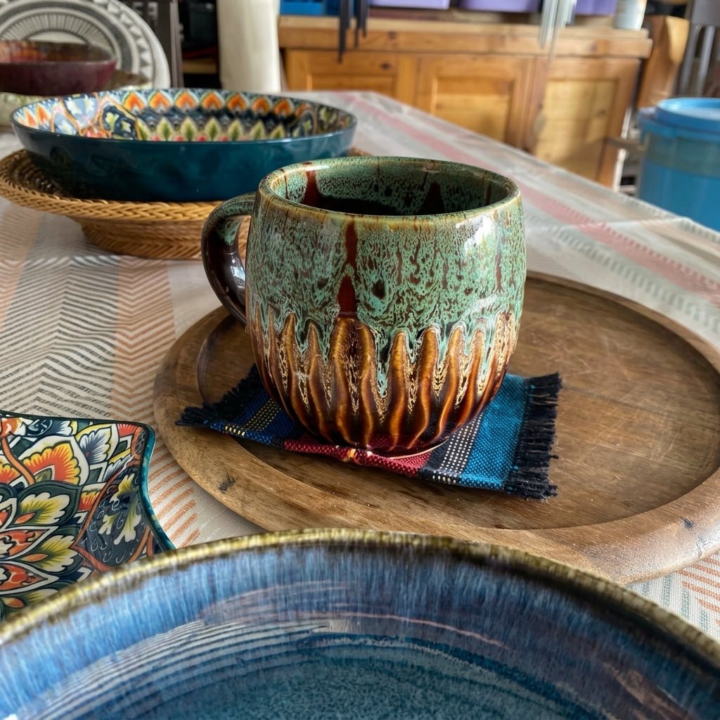 2pcs Vintage Ceramic Coffee Mug with Reactive Drip Glaze - Mugs - Green - Seravelle Home
