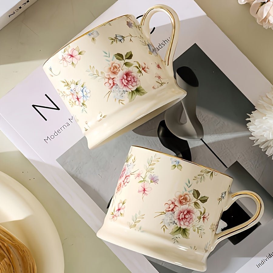 2pcs Vintage Ceramic Mug with Floral Print and Gold Handle - Mugs - Cream - Seravelle Home