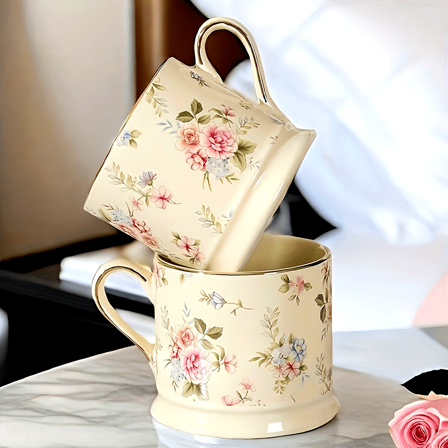 2pcs Vintage Ceramic Mug with Floral Print and Gold Handle - Mugs - Cream - Seravelle Home
