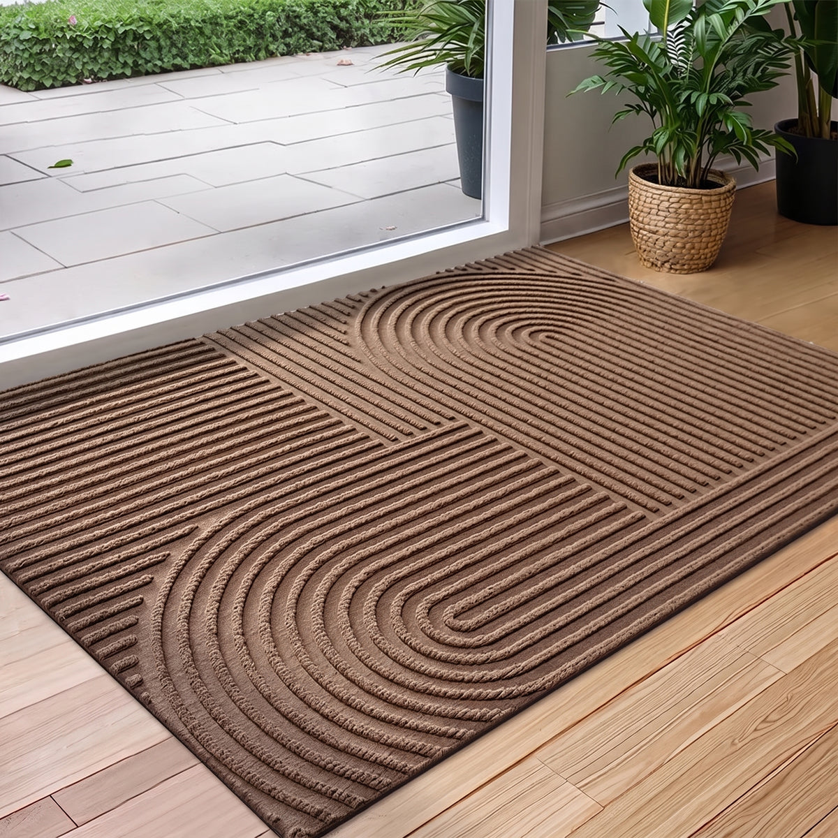 Ribbed Doormat with Arc Pattern for Entryway and Patio
