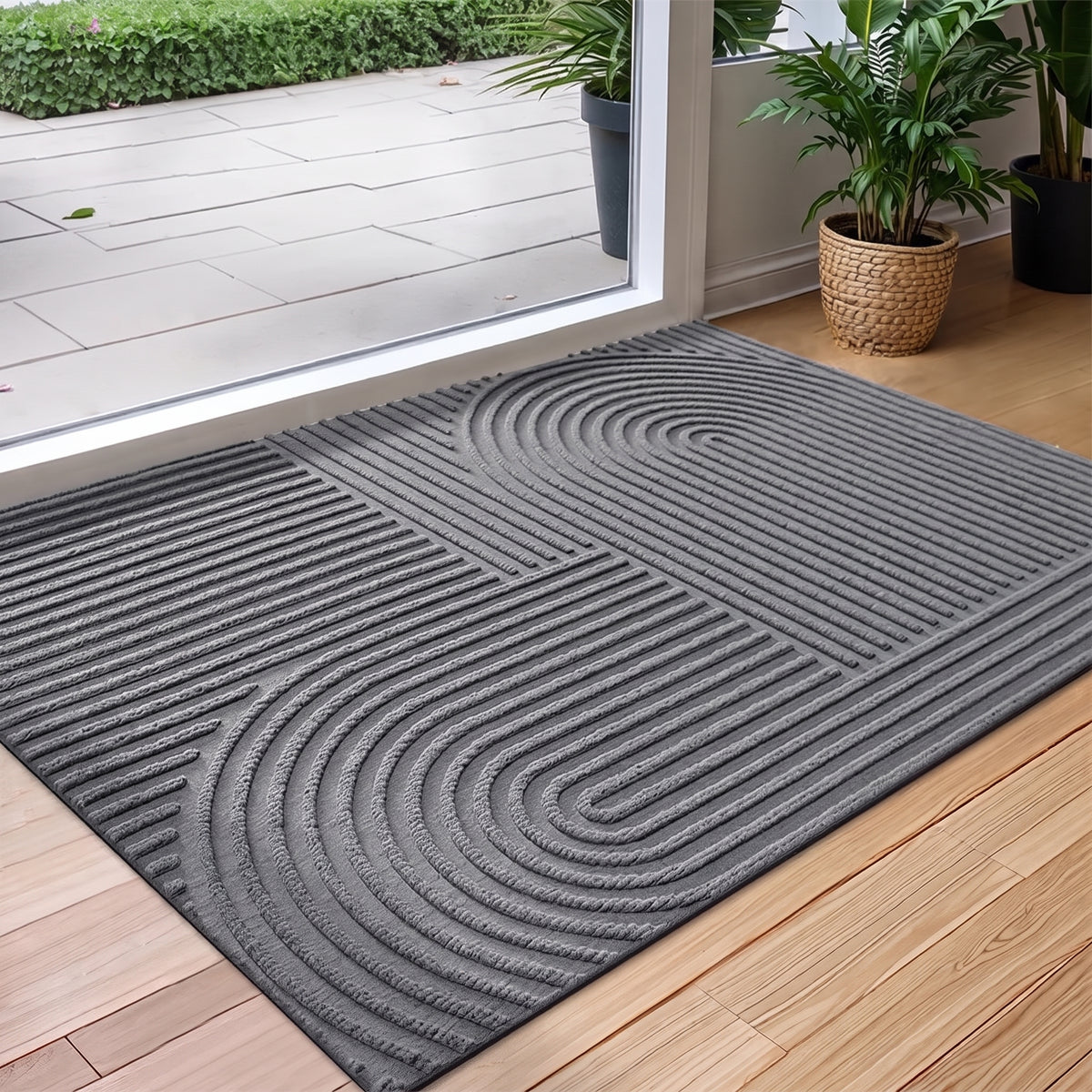 Ribbed Doormat with Arc Pattern for Entryway and Patio
