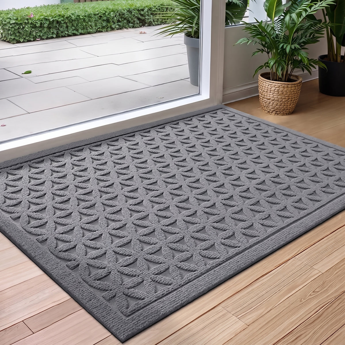 Ribbed Doormat with Arc Pattern for Entryway and Patio