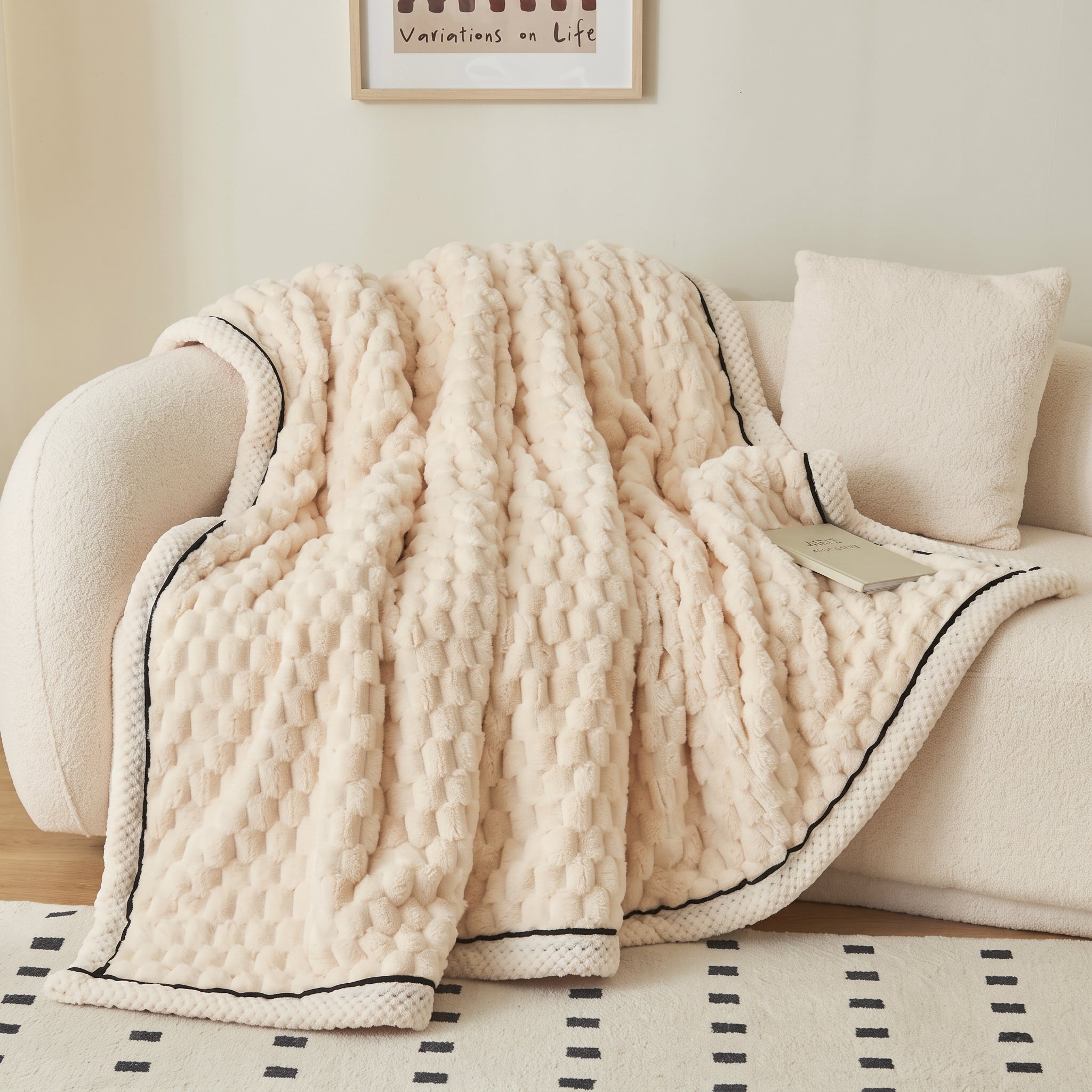 Soft Throw Blanket with Waffle Texture and Contrast Border