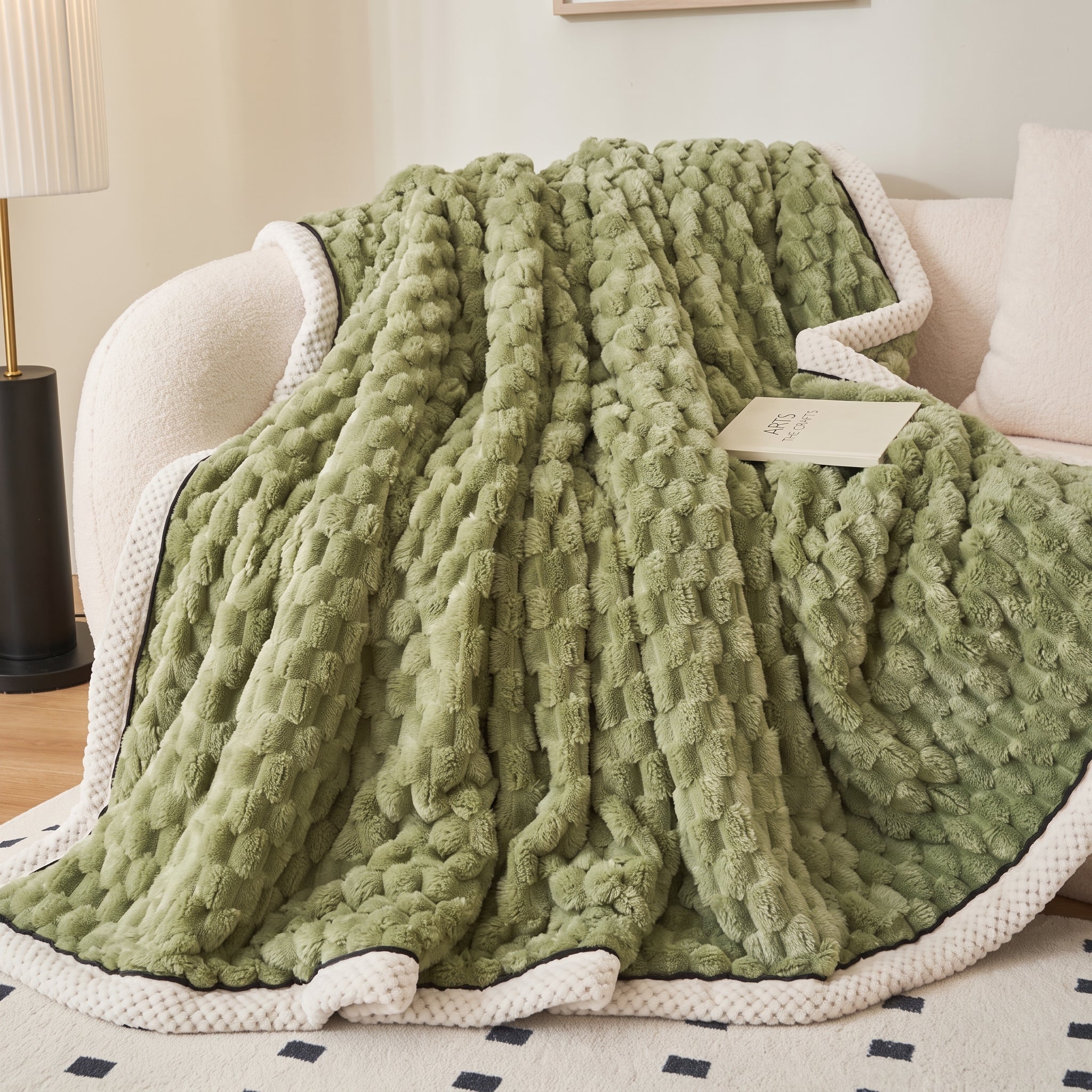 Soft Throw Blanket with Waffle Texture and Contrast Border