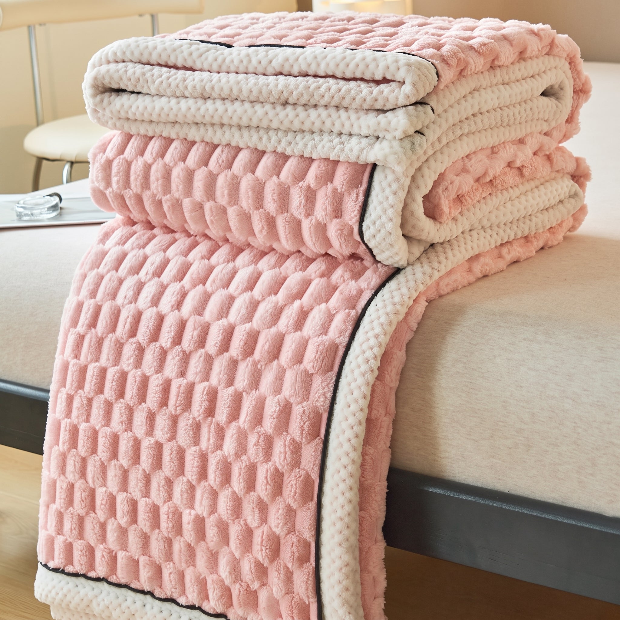 Soft Throw Blanket with Waffle Texture and Contrast Border