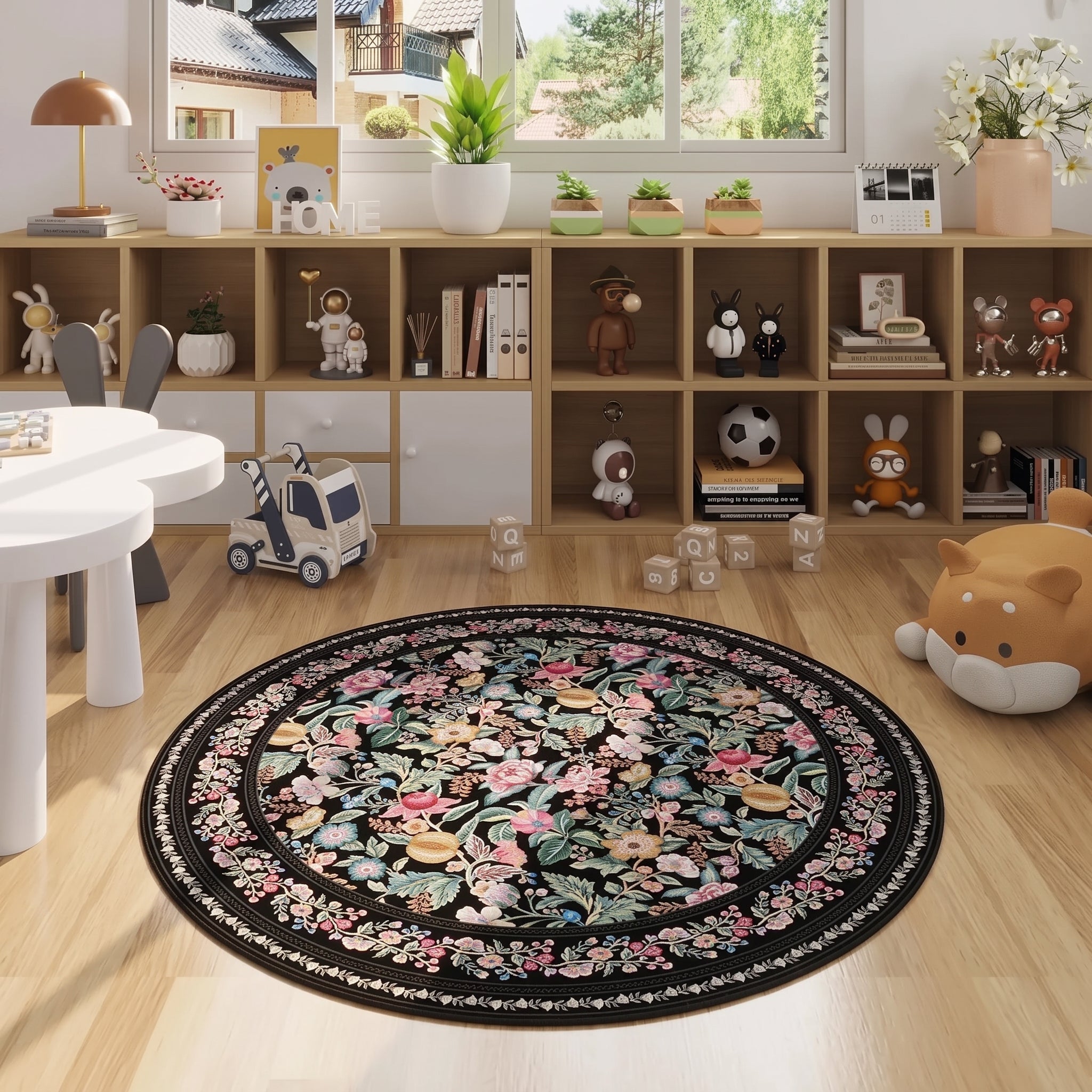 Vintage Botanical Chinoiserie Floral Print Round Rug