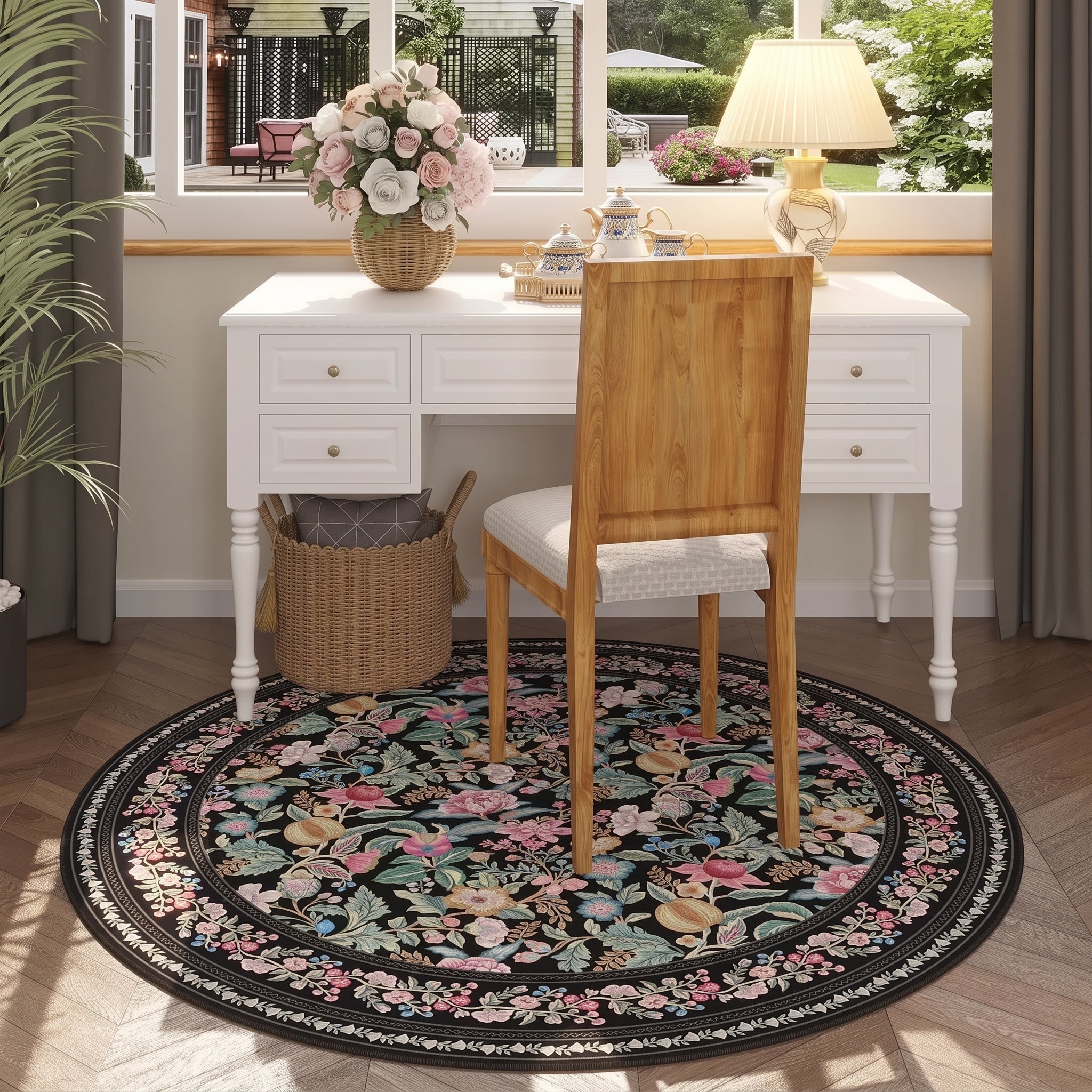 Vintage Botanical Chinoiserie Floral Print Round Rug
