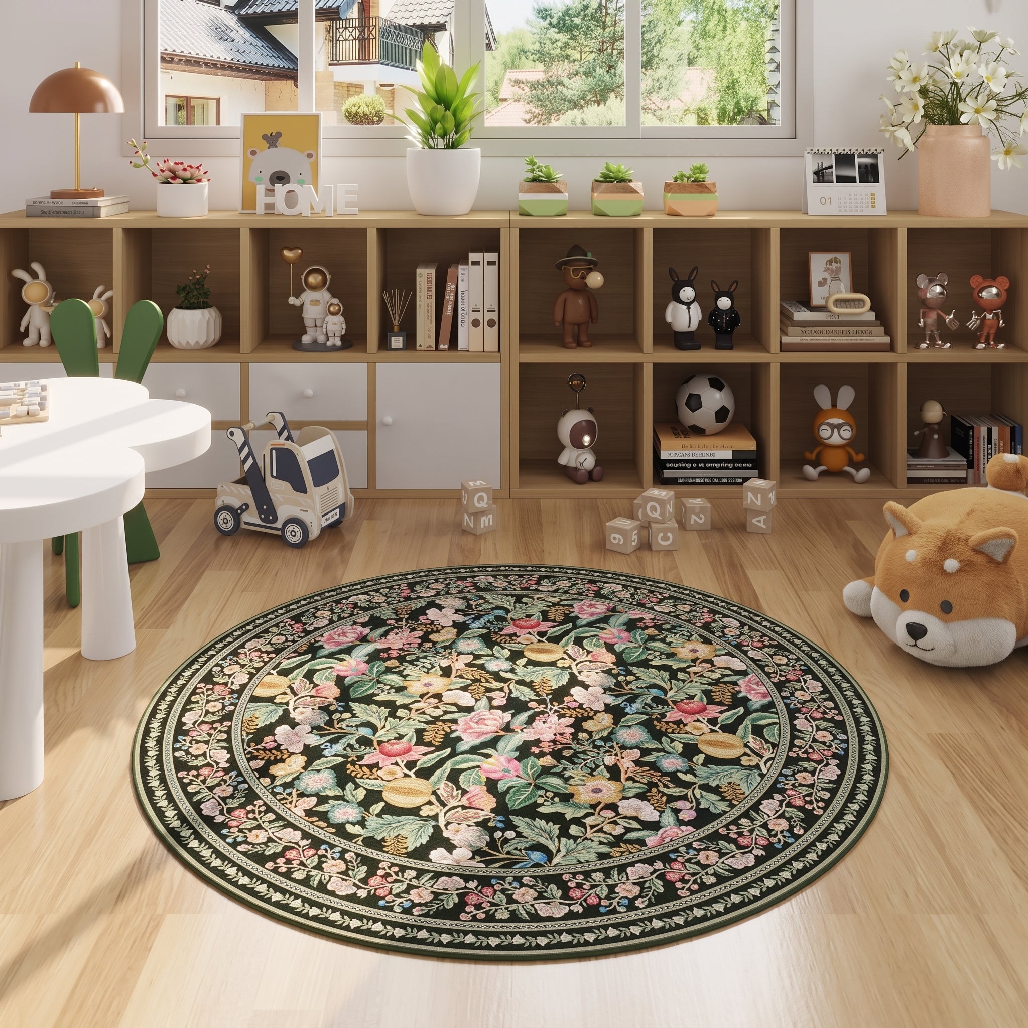 Vintage Botanical Chinoiserie Floral Print Round Rug