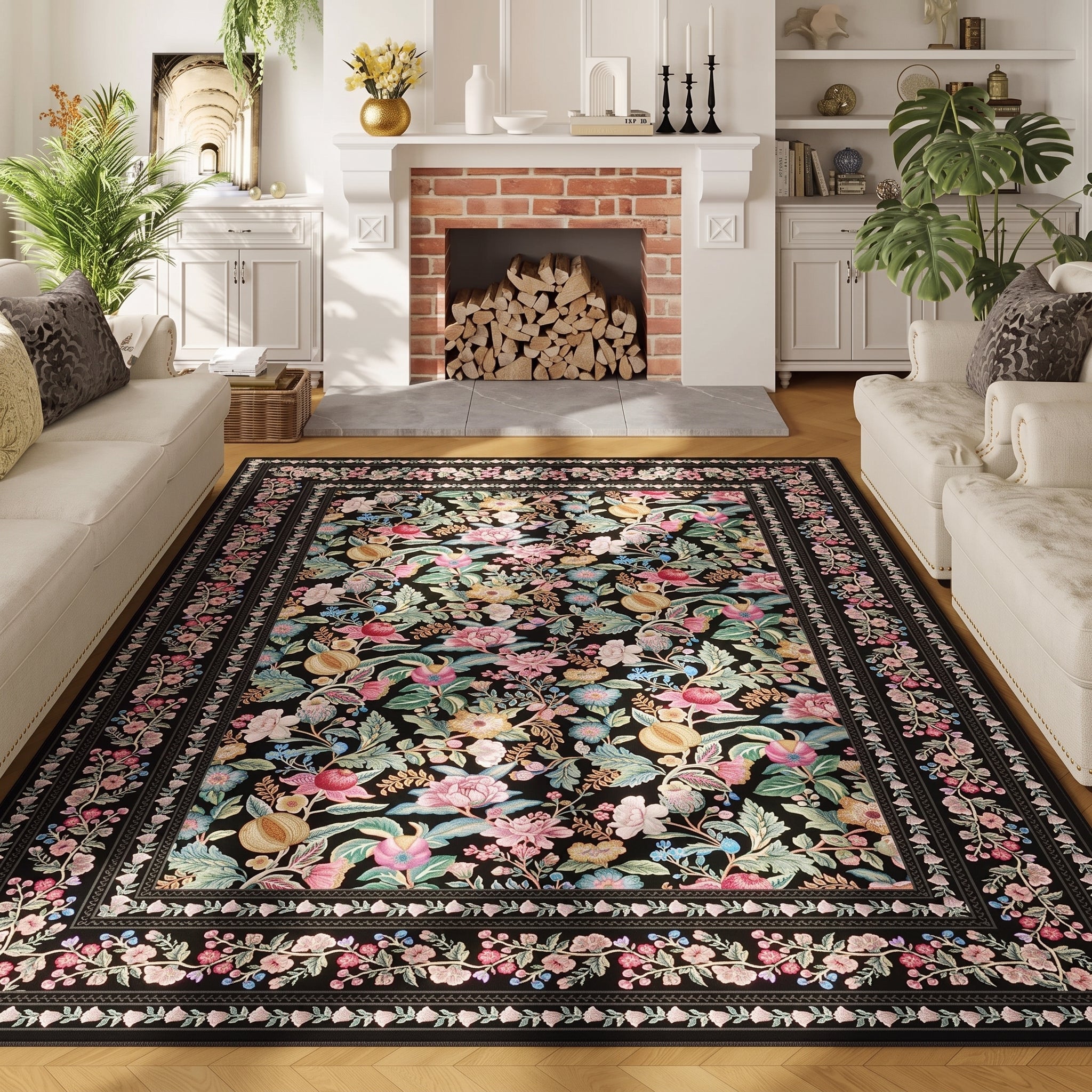 Rectangular Vintage Carpet with Chinoiserie Floral Pattern