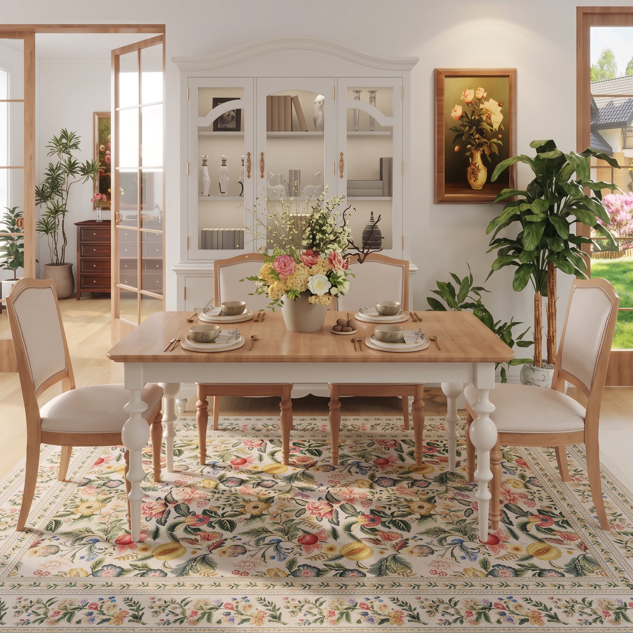 Rectangular Vintage Carpet with Chinoiserie Floral Pattern