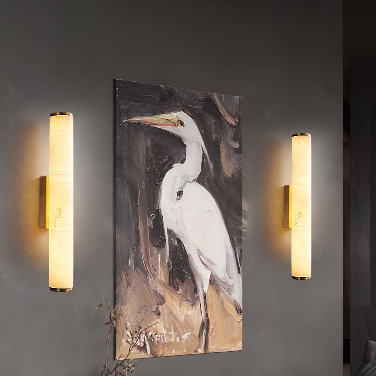 Alabaster Column Wall Sconce with Cylindrical Shade - Wall Light Fixtures - Black - Seravelle Home