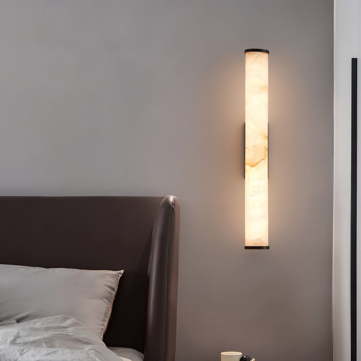 Alabaster Column Wall Sconce with Cylindrical Shade - Wall Light Fixtures - Black - Seravelle Home