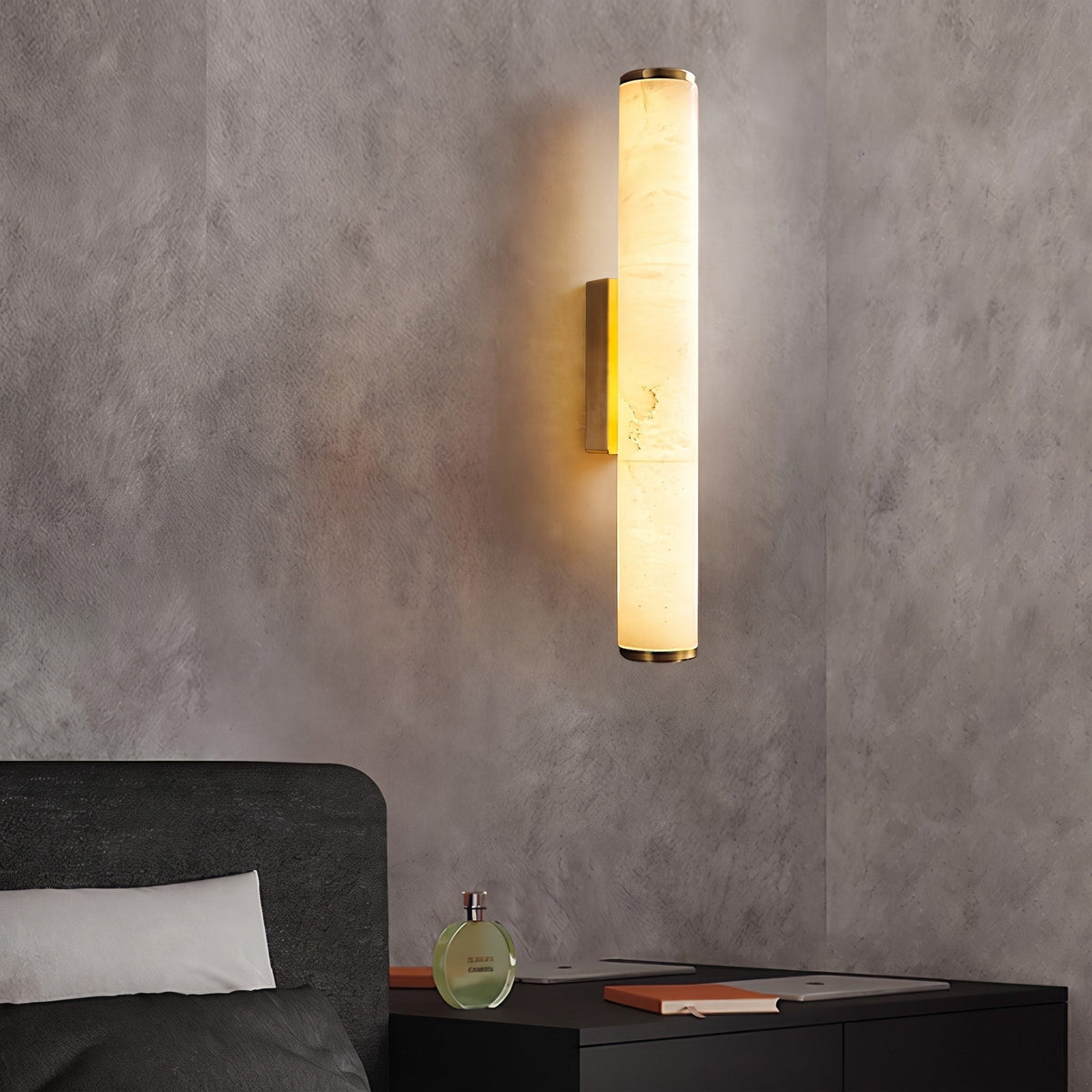 Alabaster Column Wall Sconce with Cylindrical Shade - Wall Light Fixtures - Black - Seravelle Home
