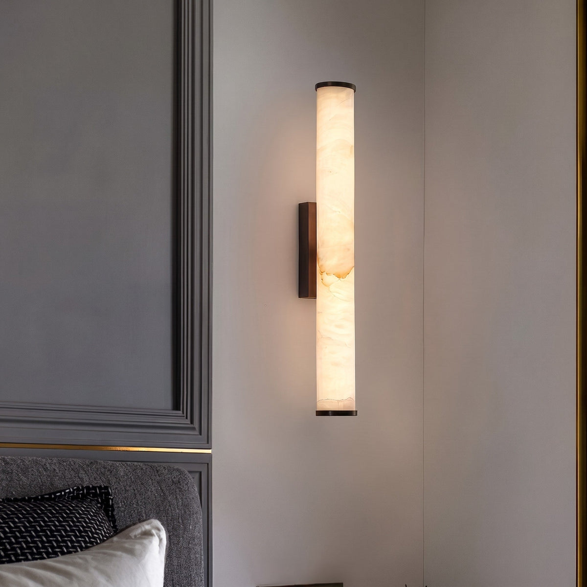 Alabaster Column Wall Sconce with Cylindrical Shade - Wall Light Fixtures - Black - Seravelle Home