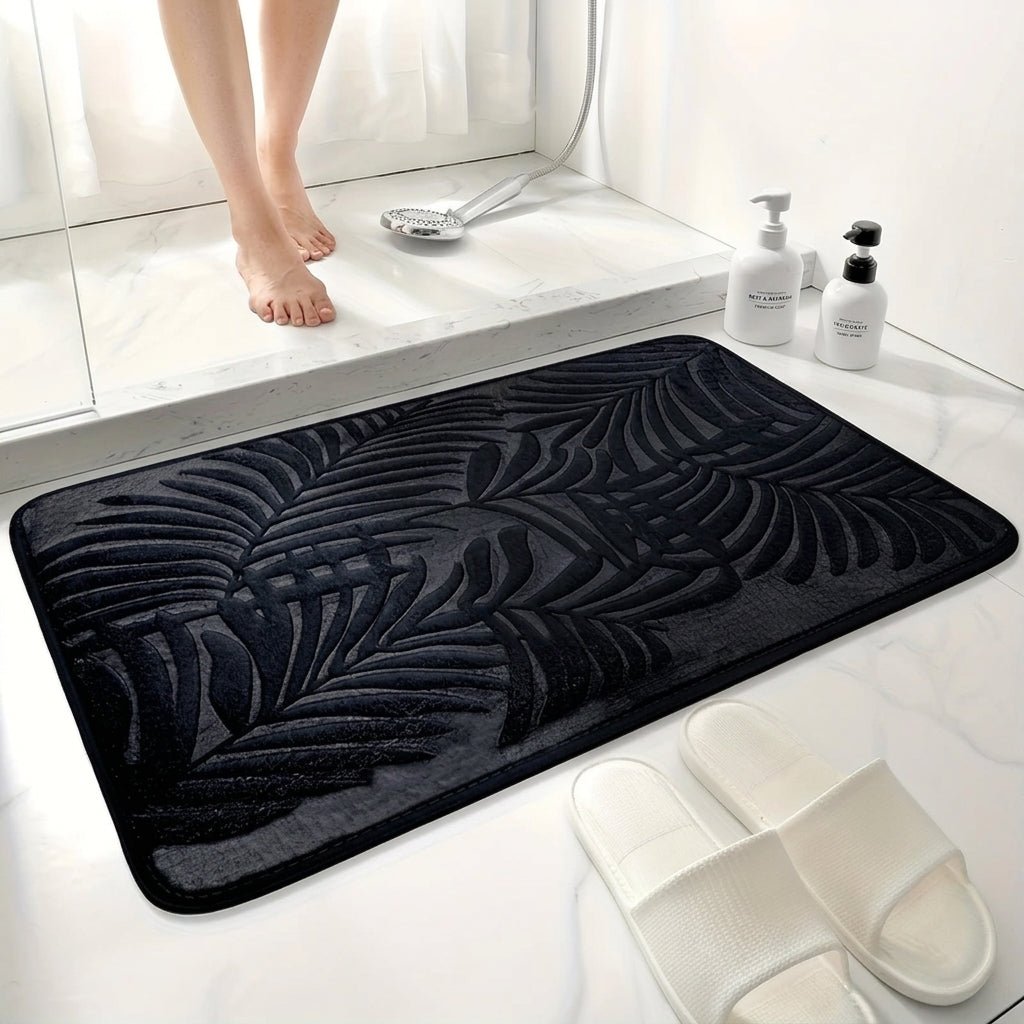 Bathroom Washable Rug with Leaf Pattern Design - Washable Rug - Black - Seravelle Home