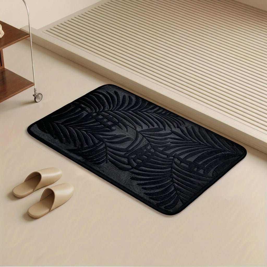 Bathroom Washable Rug with Leaf Pattern Design - Washable Rug - Black - Seravelle Home