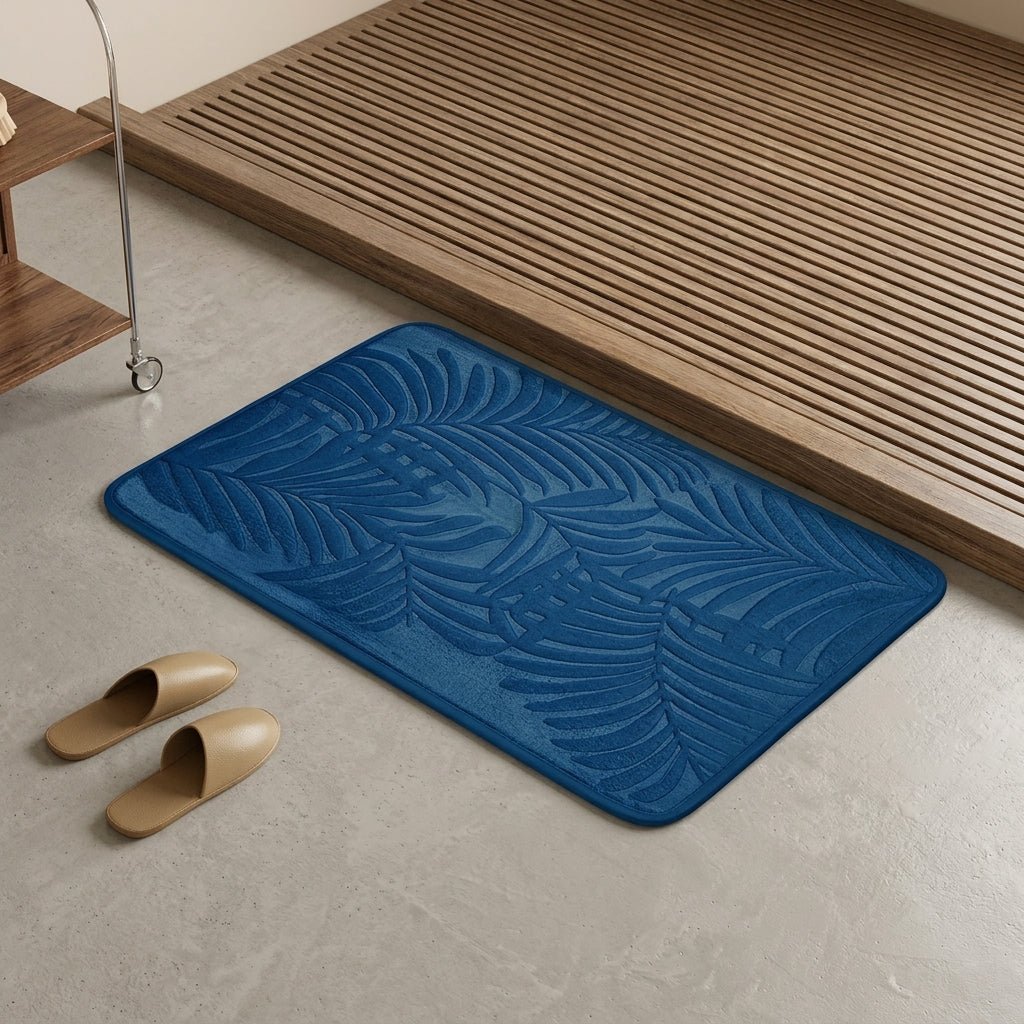 Bathroom Washable Rug with Leaf Pattern Design - Washable Rug - Navy Blue - Seravelle Home