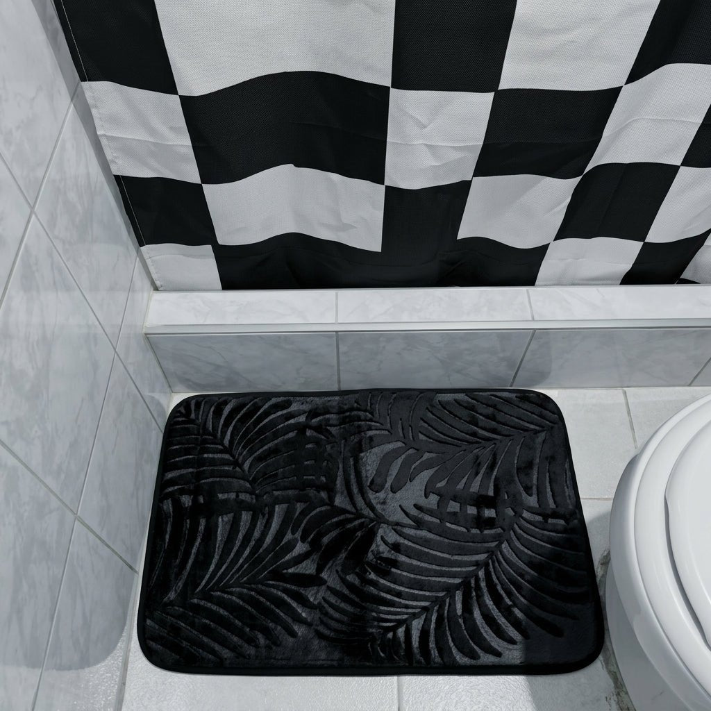Bathroom Washable Rug with Leaf Pattern Design - Washable Rug - Black - Seravelle Home