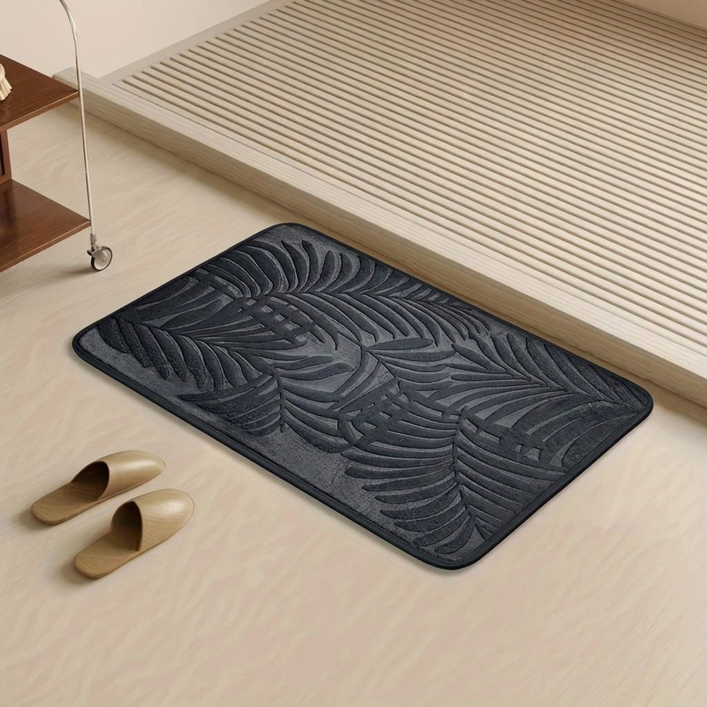 Bathroom Washable Rug with Leaf Pattern Design - Washable Rug - Dark Grey - Seravelle Home