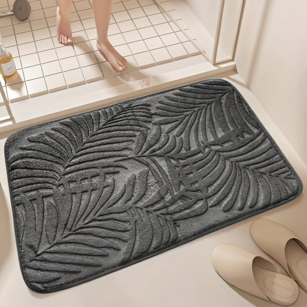 Bathroom Washable Rug with Leaf Pattern Design - Washable Rug - Dark Grey - Seravelle Home