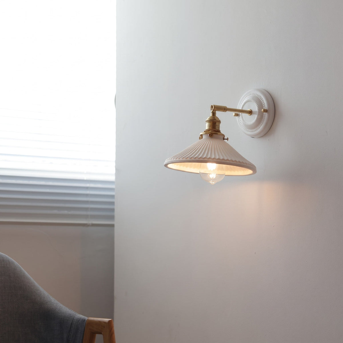Ceramic Ribbed Wall Lights with Brass Swing Arm - Wall Light Fixtures - Drum - Seravelle Home