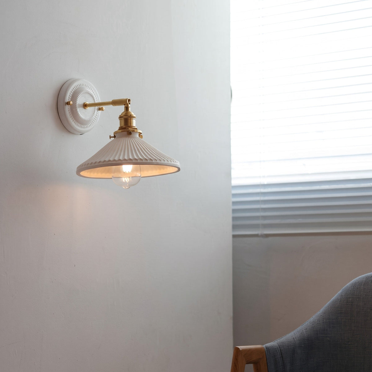 Ceramic Ribbed Wall Lights with Brass Swing Arm - Wall Light Fixtures - Drum - Seravelle Home