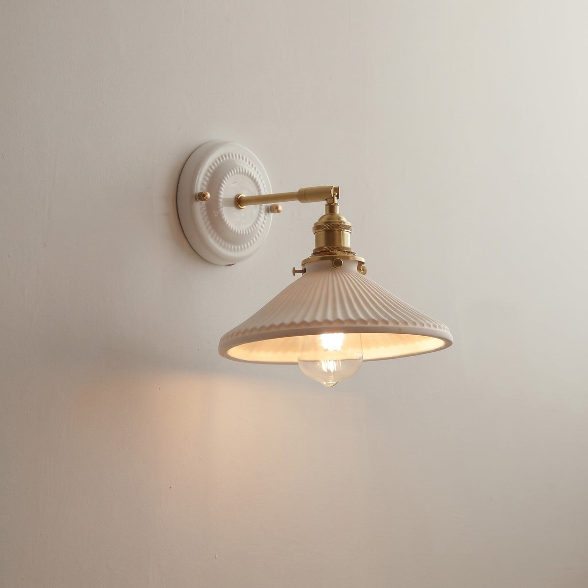 Ceramic Ribbed Wall Lights with Brass Swing Arm - Wall Light Fixtures - Drum - Seravelle Home