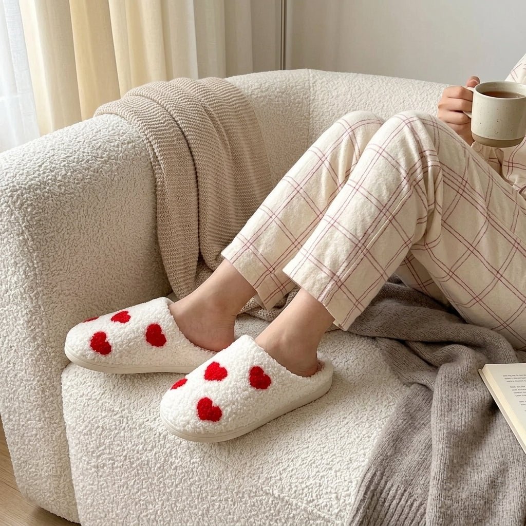 Cozy Slip-On Fluffy House Slippers with Heart Pattern - Slippers - Small Heart - Seravelle Home