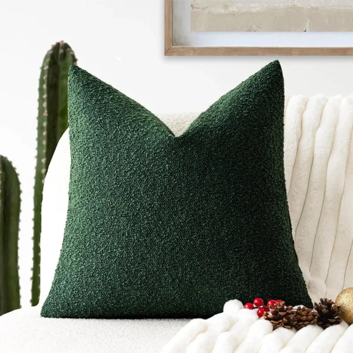 Decorative Bouclé Cushion Cover with Soft Loop Texture - Pillowcase - Green - Seravelle Home