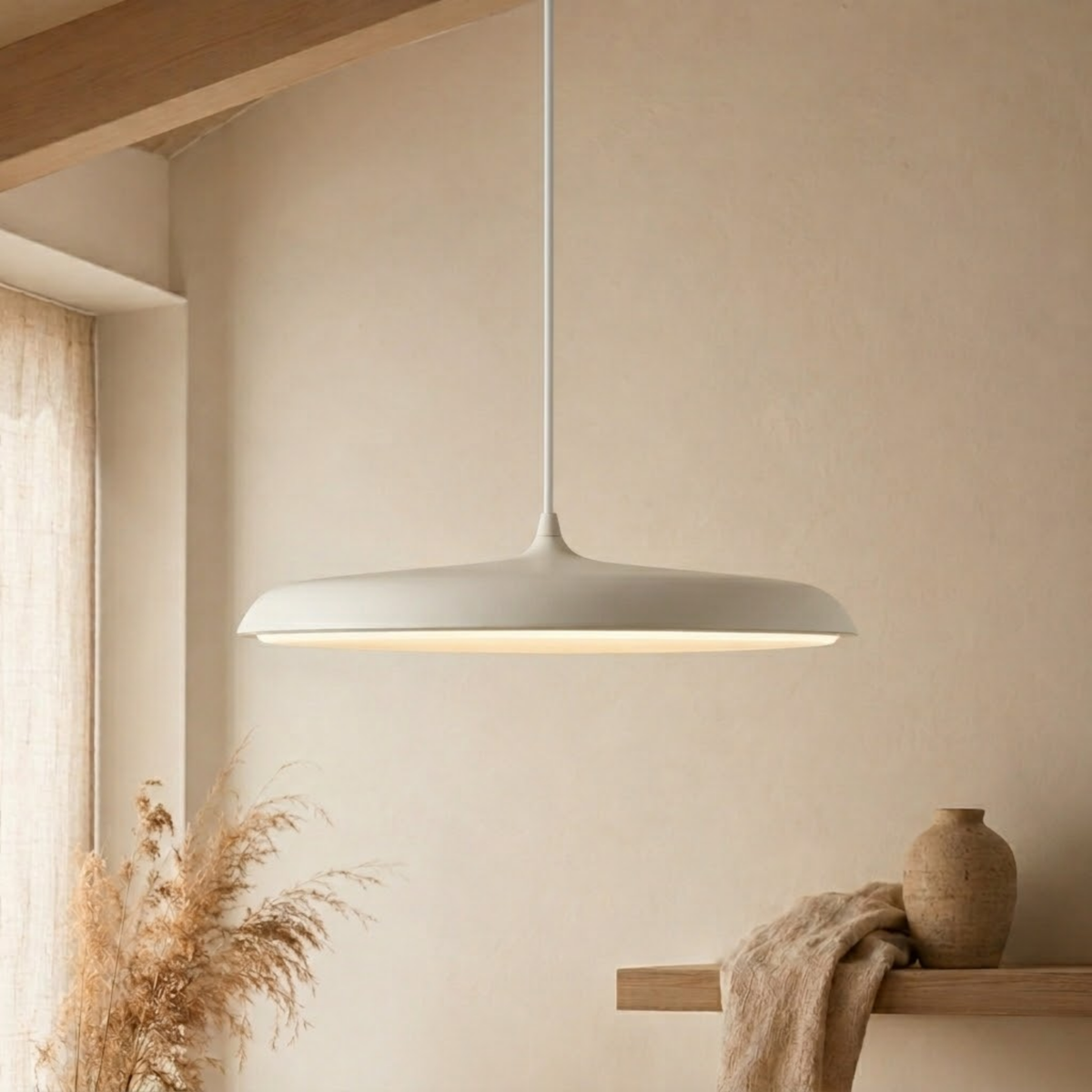 Flat Disc LED Pendant Light with Wide Metal Shade - Pendant Light Fixtures - White - Seravelle Home