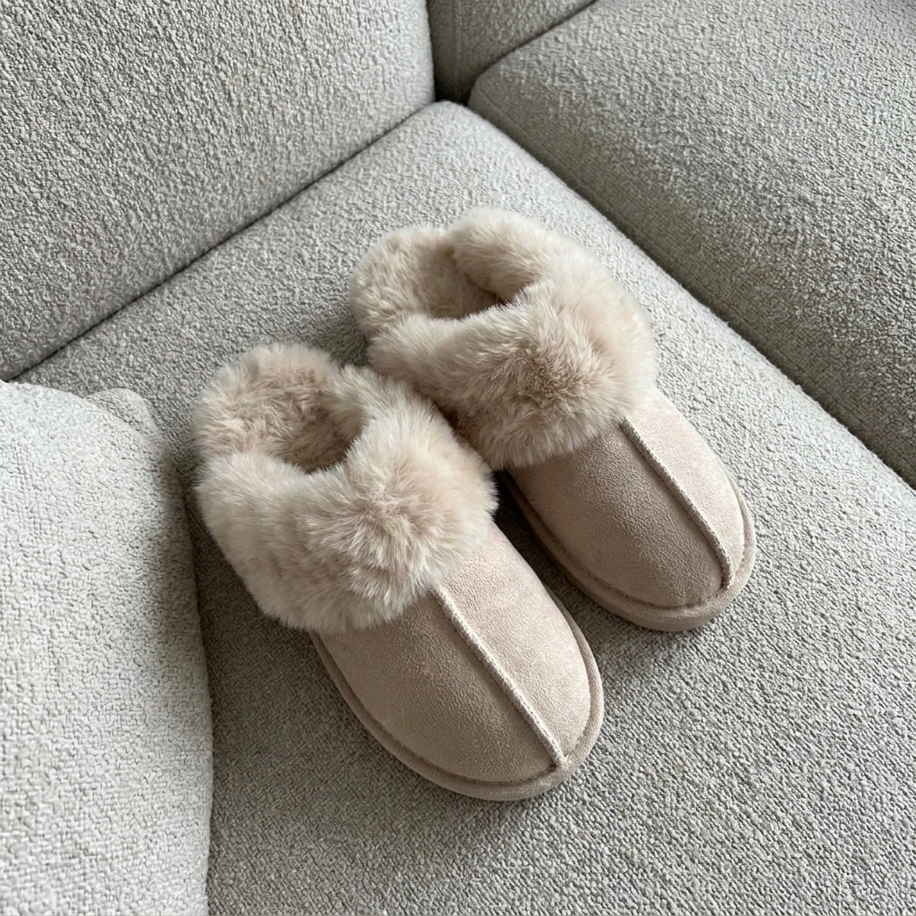 Fluffy Moccasin House Slippers with Plush Trim - Slippers - Cream - Seravelle Home