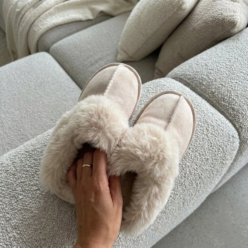 Fluffy Moccasin House Slippers with Plush Trim - Slippers - Cream - Seravelle Home