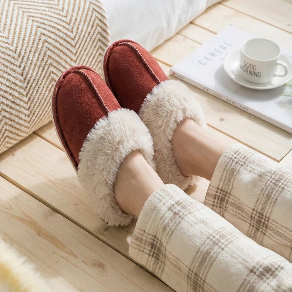 Fluffy Moccasin House Slippers with Plush Trim - Slippers - Red - Seravelle Home