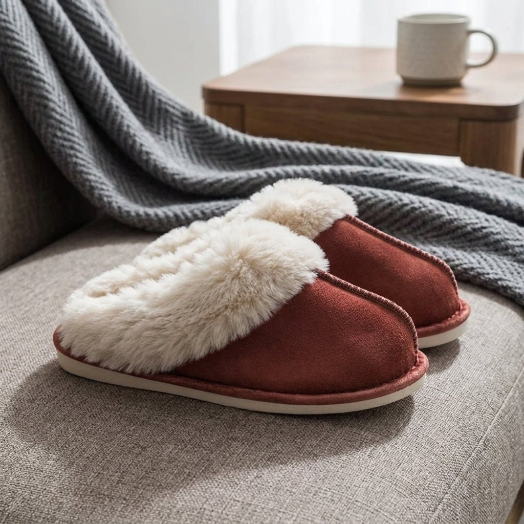 Fluffy Moccasin House Slippers with Plush Trim - Slippers - Red - Seravelle Home