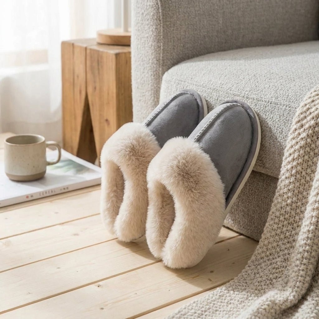 Fluffy Moccasin House Slippers with Plush Trim - Slippers - Grey - Seravelle Home