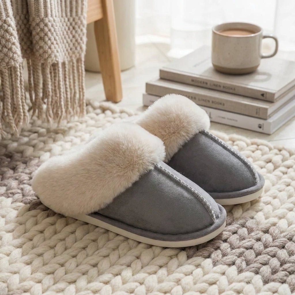 Fluffy Moccasin House Slippers with Plush Trim - Slippers - Grey - Seravelle Home