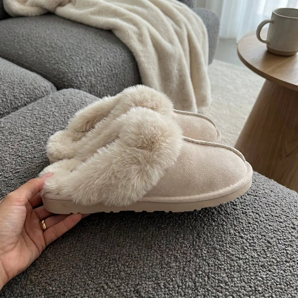 Fluffy Moccasin House Slippers with Plush Trim - Slippers - Cream - Seravelle Home