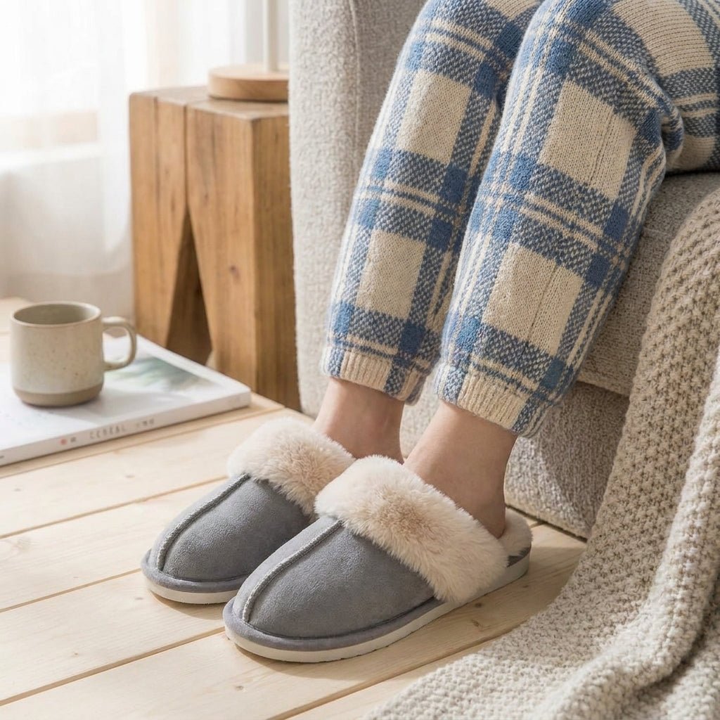 Fluffy Moccasin House Slippers with Plush Trim - Slippers - Grey - Seravelle Home