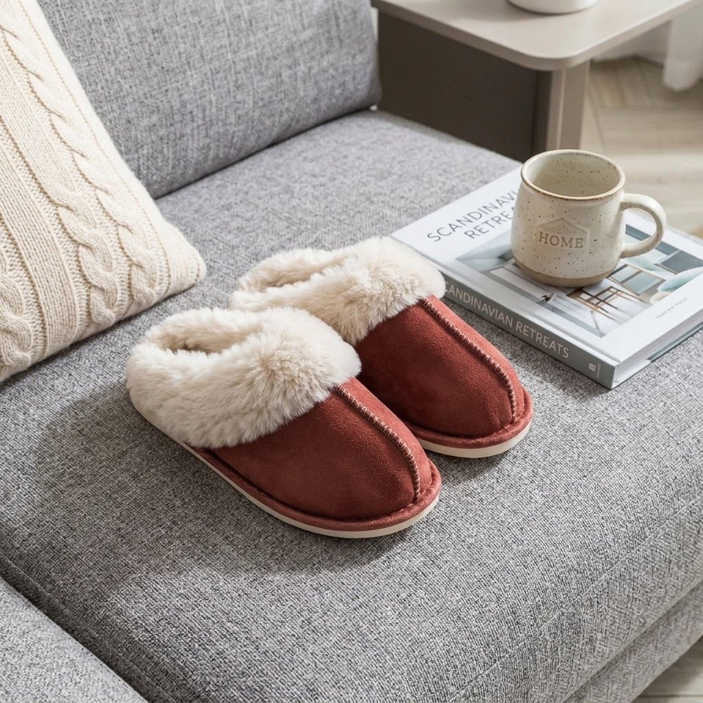 Fluffy Moccasin House Slippers with Plush Trim - Slippers - Red - Seravelle Home