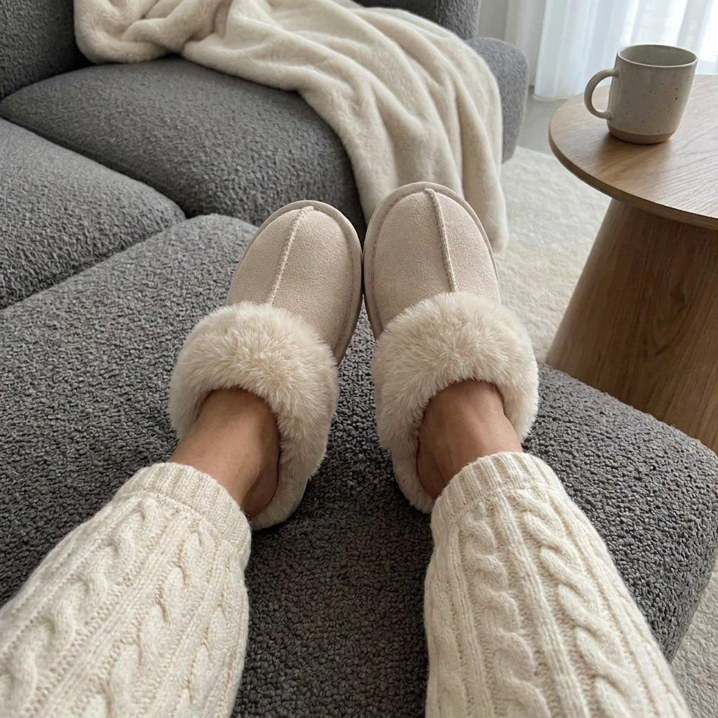Fluffy Moccasin House Slippers with Plush Trim - Slippers - Cream - Seravelle Home