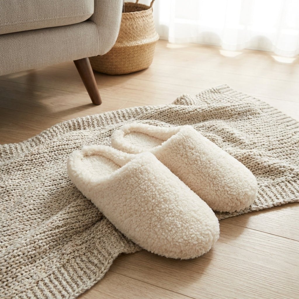 Fluffy Sherpa Slip-On House Slippers with Soft Inner Cushioning - Slippers - White - Seravelle Home