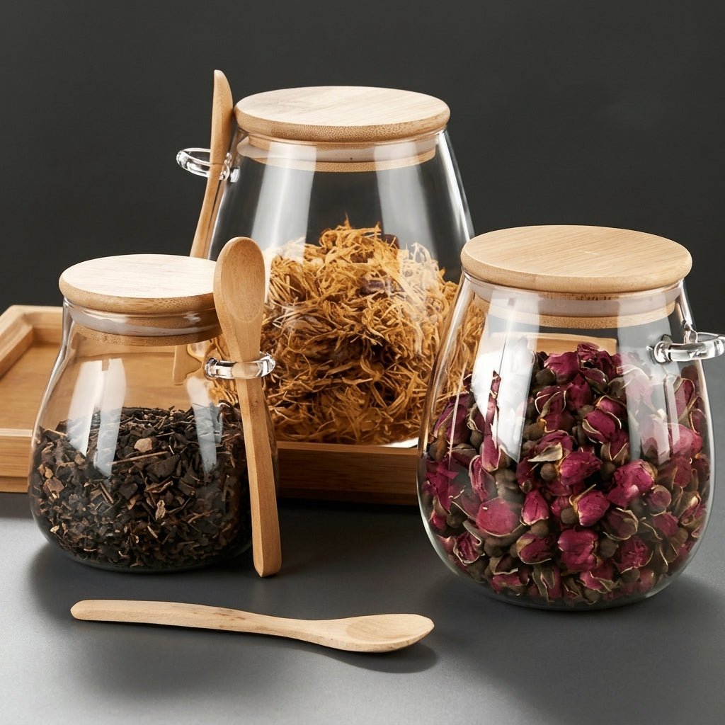 Glass Storage Jar with Bamboo Lid and Spoon - Food Storage Containers - Small - Seravelle Home