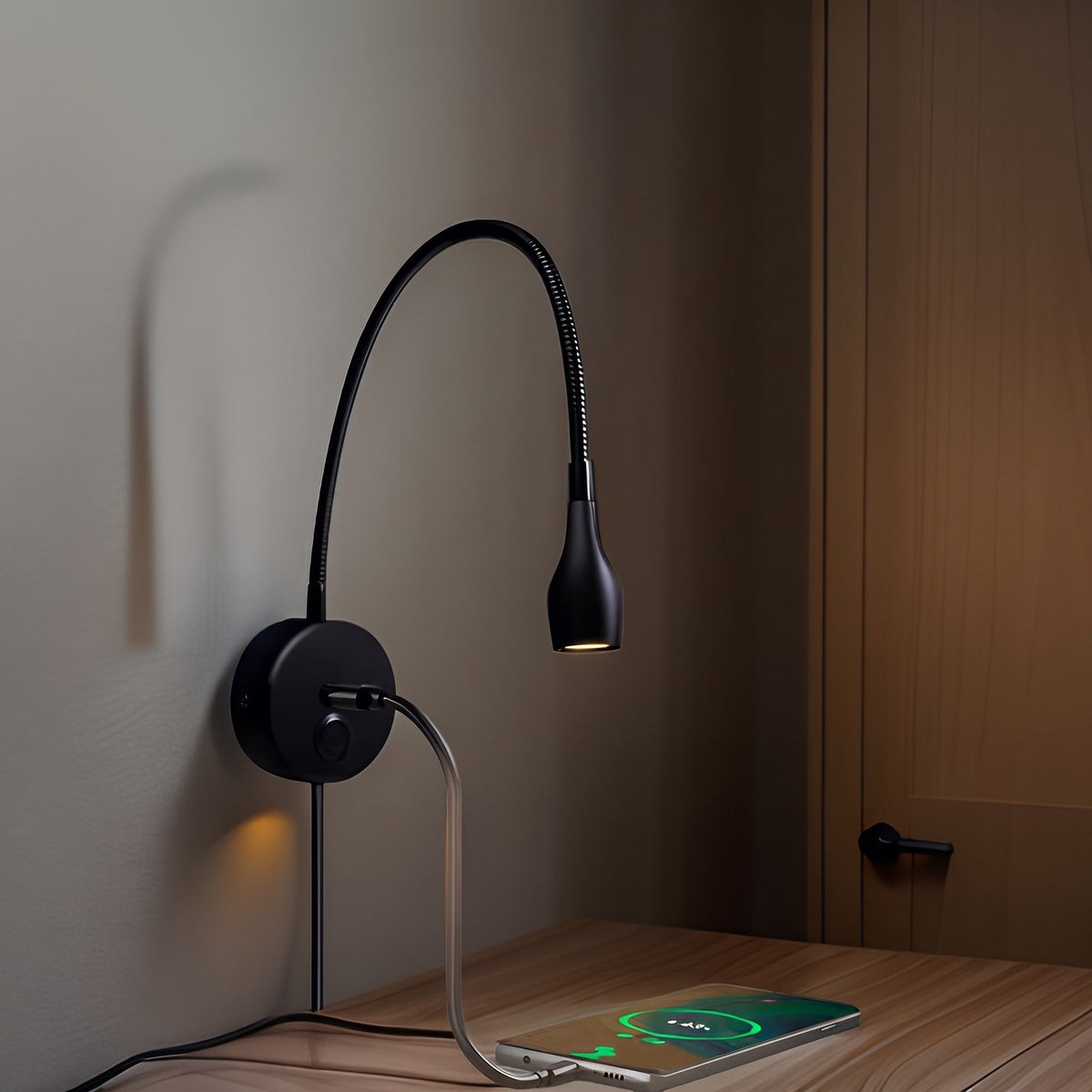 Gooseneck LED Wall Lamp with Flexible Arm and USB Charging Port - Wall Light Fixtures - Warm Light - Seravelle Home
