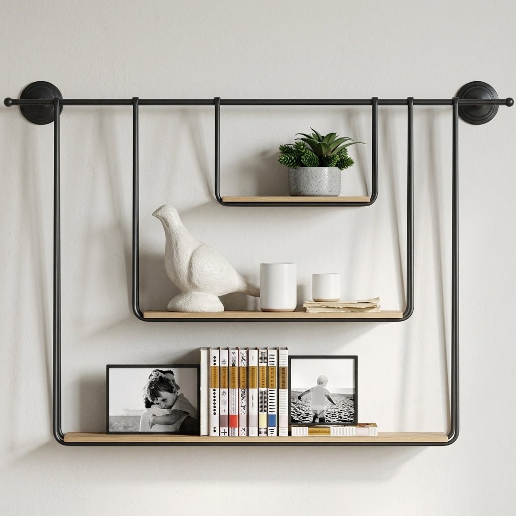 Hanging Wall Shelf Metal 3 Tier Wood Pipe Mounted Vintage Style - Rack Wall Shelves & Ledges - Seravelle Home