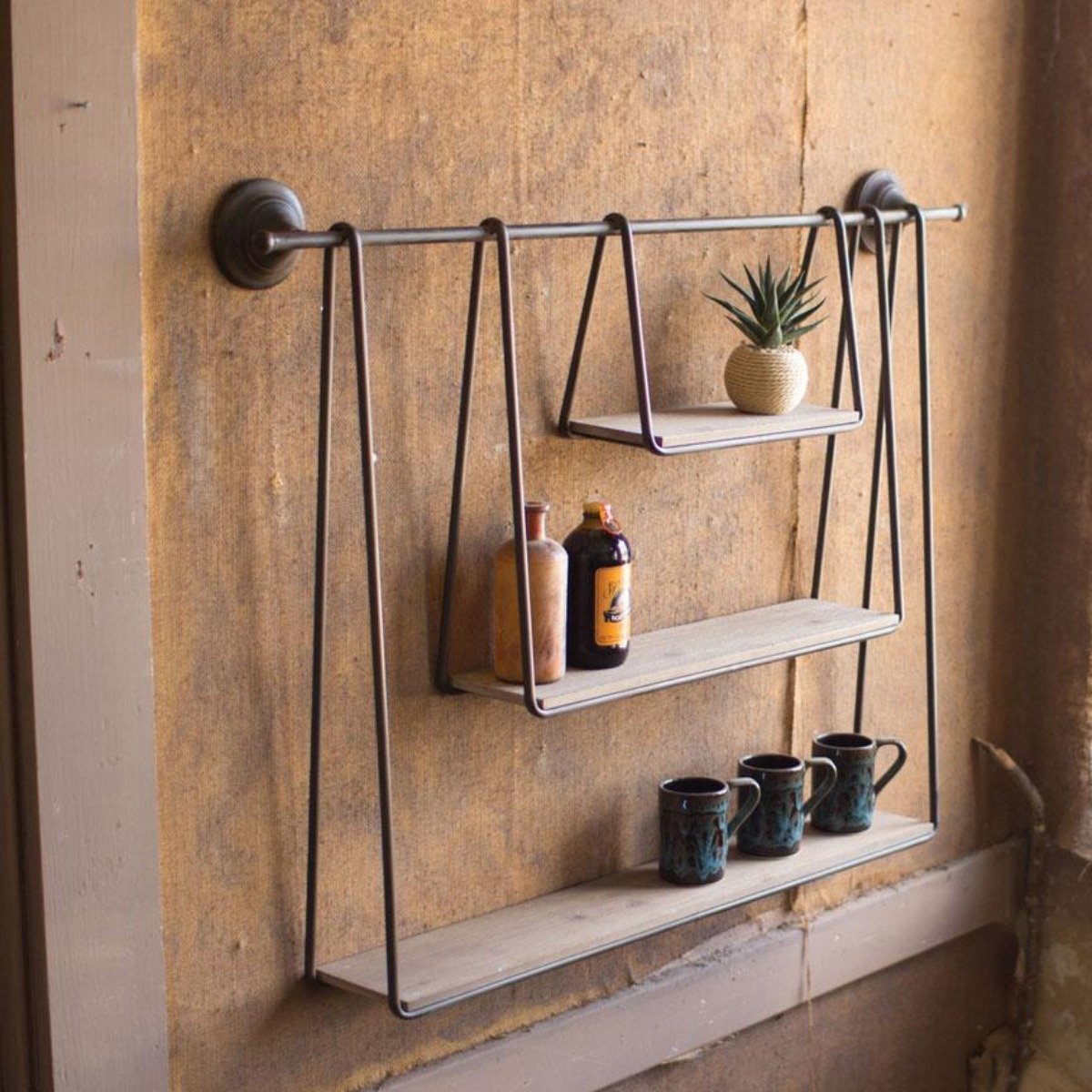 Hanging Wall Shelf Metal 3 Tier Wood Pipe Mounted Vintage Style - Rack Wall Shelves & Ledges - Seravelle Home